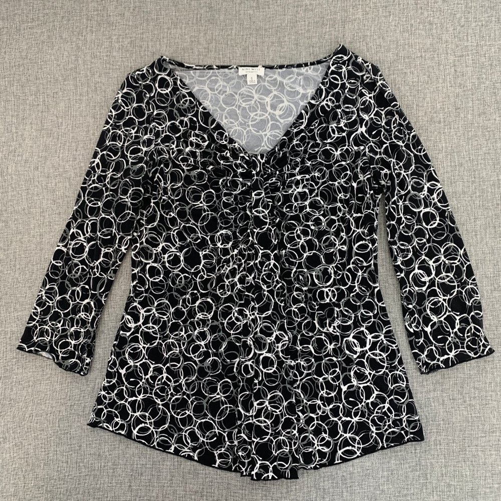 Nine West Women's Blouse Black Gray White Small 3/4 Sleeves Scoop‎ Neck